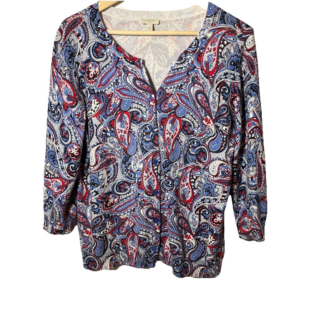 TALBOTS Women Stretch Comfy 100% Cotton Cardigan Sweater Multicolor Paisley M